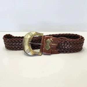 CAbi Women's Brown Braided Leather Belt Gold Buckle Adjustable Southwestern